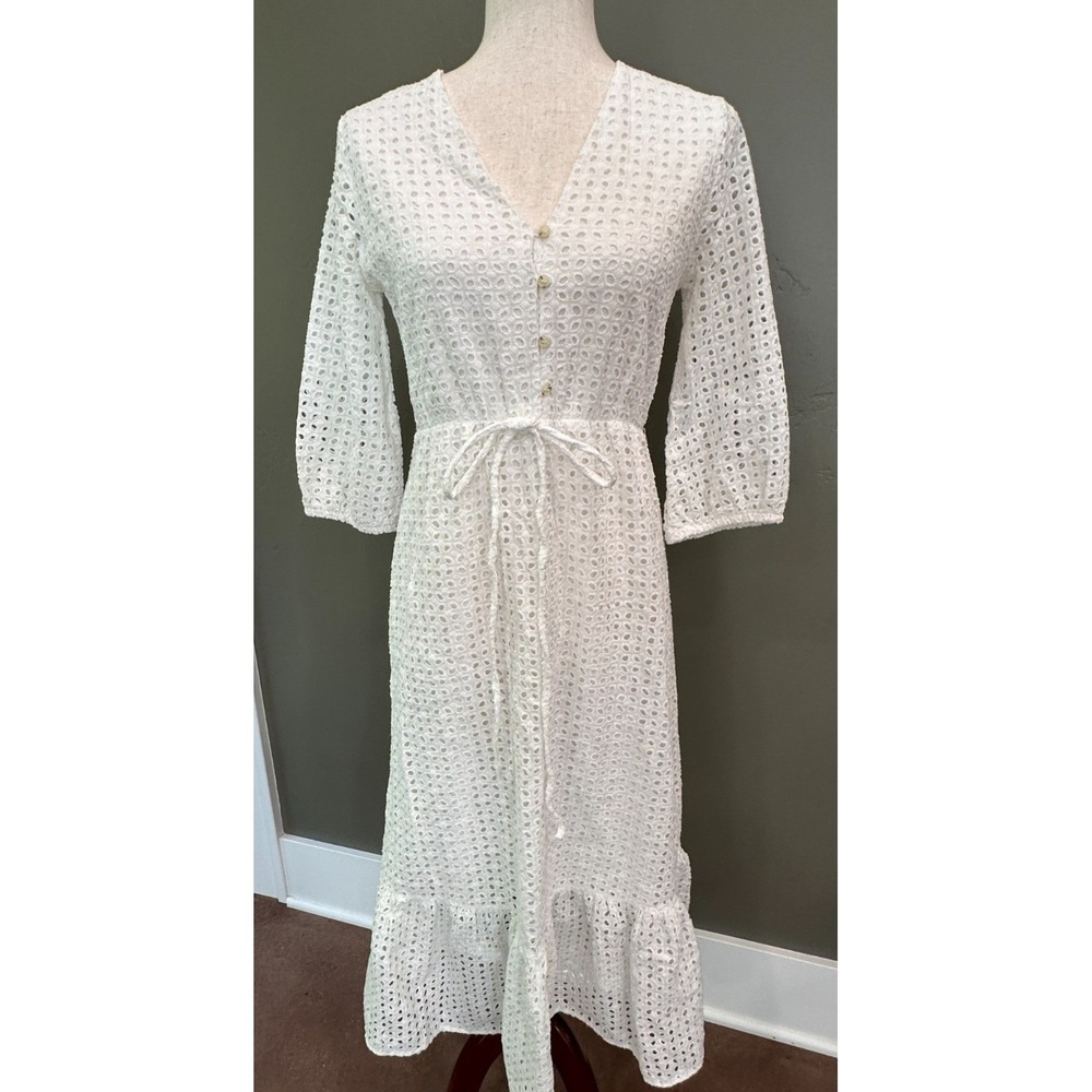 White Bohemian Eyelet Midi Dress Sz Small Western Ruffle Cottagecore Peasant - Picture 2 of 13